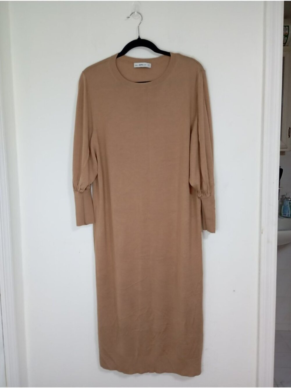 Zara Knit Midi Camel Dress Elastic Cuffs Round Neckline Long Sleeves Size Medium